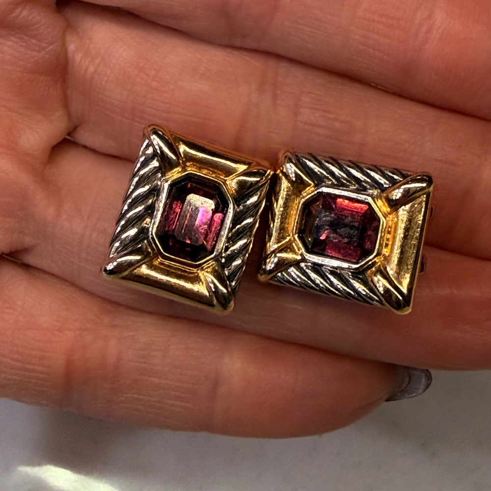 Gold and Silver Pierced Earrings with Deep Red/Purple Stone Accent